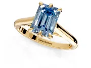 Solitaire Engagement Ring Setting for Fancy Blue Emerald Cut Center with Cathedral Band and Prong Head in Yellow Gold