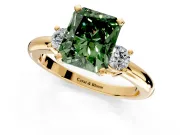 3 Stone Engagement Ring Setting for Fancy Green Radiant Cut Center with Wide Plain Band and Prong Head in Yellow Gold