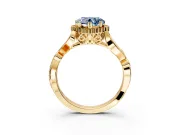 Halo Engagement Ring Setting for Fancy Blue Heart-Shaped Center with Leaf Motif Split Shank and Prong Head in Yellow Gold