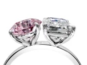 Fancy Pink Round Cut and Emerald Cut Lab-Grown Diamond Toi et Moi Engagement Ring with Prong-Set Stones in Sterling Silver