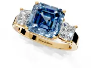 3 Stone Engagement Ring Setting for Fancy Blue Asscher Cut Center with Matching Side Accents and Prong Head in Yellow Gold