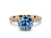 Open Basket Engagement Ring Setting for Fancy Blue Round Cut Center with Pave Band and Prong Head in Rose Gold