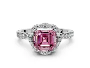 Halo Engagement Ring Setting for Fancy Pink Asscher Cut Center with Openwork Halo, Pave Band and Prong Head in White Gold