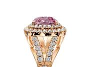 Double Halo Engagement Ring Setting for Fancy Pink Cushion Cut Center with Narrow Pave Split Shank and Prong Head in Rose Gold