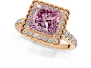 Milgrain Floral Halo Engagement Ring Setting for Fancy Pink Princess Cut Center with Pave Band and Prong Head in Rose Gold
