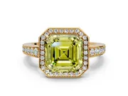 Bezel-Framed Halo Engagement Ring Setting for Fancy Yellow Asscher Cut Center with Pave Band and Prong Head in Yellow Gold