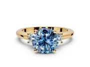3 Stone Engagement Ring Setting for Fancy Blue Round Cut Center with Wide Plain Band and Prong Head in Yellow Gold