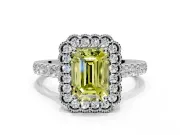 Milgrain Floral Halo Engagement Ring Setting for Fancy Yellow Emerald Cut Center with Pave Band and Prong Head in Platinum