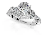 Leaf Motif Engagement Ring Setting for Oval Center with Pave Band and Prong Head in Platinum