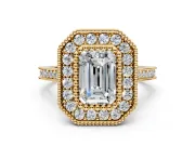 Halo Engagement Ring Setting for Emerald Cut Center with Milgrain Frame, Pave Band and Prong Head in Yellow Gold