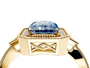 Halo Engagement Ring Setting for Fancy Blue Radiant Cut Center with Milgrain Rim, Pave Band and Prong Head in Yellow Gold
