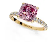 Solitaire Engagement Ring Setting for Fancy Pink Cushion Cut Center with Pave Accents and Prong Head in Yellow Gold