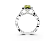 Halo Engagement Ring Setting for Fancy Yellow Emerald Cut Center with Twist Band and Prong Head in White Gold