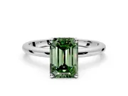 Hidden Halo Engagement Ring Setting for Fancy Green Emerald Cut Center with Thin Round-Wire Band and Prong Head in Platinum