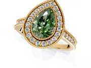 Halo Engagement Ring Setting for Fancy Green Pear-Shaped Center with Milgrain Pave Band and Bezel Head in Yellow Gold