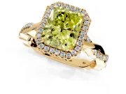 Halo Engagement Ring Setting for Fancy Yellow Radiant Cut Center with Pave and Plain Twist Band and Prong Head in Yellow Gold