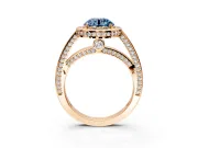 Halo Engagement Ring Setting for Fancy Blue Round Cut Center with Framed Halo, Pave Band and Prong Head in Rose Gold