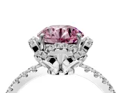 Halo Engagement Ring Setting for Fancy Pink Round Cut Center with Openwork Halo, Pave Band and Prong Head in Platinum