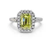 Halo Engagement Ring Setting for Fancy Yellow Emerald Cut Center with Raised Halo, Pave Band and Prong Head in Sterling Silver