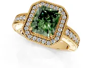 Milgrain Halo Engagement Ring Setting for Fancy Green Radiant Cut Center with Pave Band and Prong Head in Yellow Gold