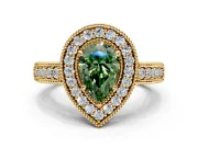 Milgrain Halo Engagement Ring Setting for Fancy Green Pear-Shaped Center with Pave Band and Prong Head in Yellow Gold