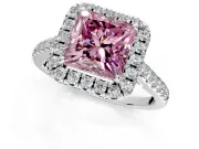 Halo Engagement Ring Setting for Fancy Pink Princess Cut Center with Narrowing Pave Band and Prong Head in White Gold