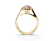 Halo Engagement Ring Setting for Fancy Pink Pear-Shaped Center with Outer Bezel Rim, Pave Band and Prong Head in Yellow Gold
