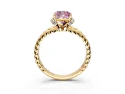 Halo Engagement Ring Setting for Fancy Pink Cushion Cut Center with Rope Twist Split Shank and Prong Head in Yellow Gold