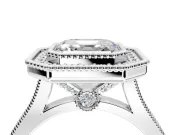 Halo Engagement Ring Setting for Asscher Cut Center with Milgrain Frame, Pave Band and Prong Head in Platinum