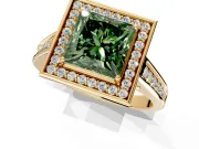 Halo Engagement Ring Setting for Fancy Green Princess Cut Center with Outer Bezel Rim, Pave Band and Prong Head in Yellow Gold