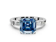 Bar-Set Engagement Ring Setting for Fancy Blue Asscher Cut Center with Tapered Baguette Accents and Prong Head in Platinum