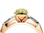 3 Stone Engagement Ring Setting for Fancy Yellow Emerald Cut Center with Tapered Baguettes, Plain Band and Prong Head in Rose Gold