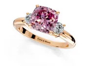 3 Stone Engagement Ring Setting for Fancy Pink Cushion Cut Center with Wide Plain Band and Prong Head in Rose Gold