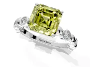 Solitaire Engagement Ring Setting for Fancy Yellow Asscher Cut Center with Beaded Bezel Station Band and Prong Head in White Gold