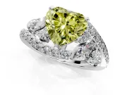 Halo Engagement Ring Setting for Fancy Yellow Heart-Shaped Center with Marquise and Pave Bypass Band and Prong Head in White Gold