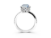 Halo Engagement Ring Setting for Fancy Blue Asscher Cut Center with Openwork Halo, Pave Band and Prong Head in Platinum