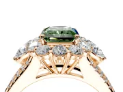 Halo Engagement Ring Setting for Fancy Green Radiant Cut Center with Two-Strand Split Shank and Prong Head in Rose Gold
