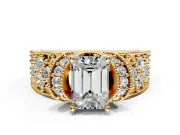 Pave Engagement Ring Setting for Emerald Cut Center with Curved Accent Rows, Openwork and Prong Head in Yellow Gold