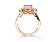 3 Stone Engagement Ring Setting for Fancy Pink Asscher Cut Center with Crossover Basket, Pave Band and Prong Head in Rose Gold