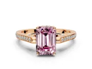 Cathedral Engagement Ring Setting for Fancy Pink Emerald Cut Center with Antique-Style Pave Band and Prong Head in Rose Gold