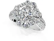 Large Accent Halo Engagement Ring Setting for Princess Cut Center with Pave Split Shank and Prong Head in White Gold