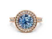 Halo Engagement Ring Setting for Fancy Blue Round Cut Center with Milgrain Pave Band and Bezel Head in Rose Gold