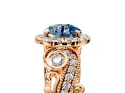 Milgrain Halo Engagement Ring Setting for Fancy Blue Round Cut Center with Shoulder Bezels and Prong Head in Rose Gold