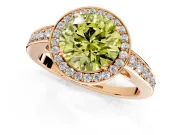 Bezel-Framed Halo Engagement Ring Setting for Fancy Yellow Round Cut Center with Pave Band and Prong Head in Rose Gold
