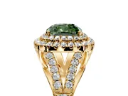 Double Halo Engagement Ring Setting for Fancy Green Cushion Cut Center with Narrow Pave Split Shank and Prong Head in Yellow Gold