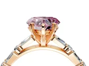 Baguette Engagement Ring Setting for Fancy Pink Heart-Shaped Center with Alternating Bar-Set Band and Prong Head in Rose Gold