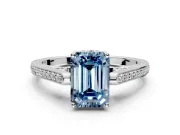Cathedral Engagement Ring Setting for Fancy Blue Emerald Cut Center with Antique-Style Pave Band and Prong Head in Platinum