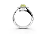 Milgrain Halo Engagement Ring Setting for Fancy Yellow Cushion Cut Center with Three-Sided Pave Band and Prong Head in Platinum