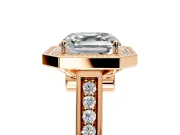 Halo Engagement Ring Setting for Asscher Cut Center with Outer Bezel Rim, Pave Band and Prong Head in Rose Gold