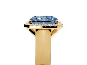 Halo Engagement Ring Setting for Fancy Blue Radiant Cut Center with Knife Ridge Cathedral Band and Prong Head in Yellow Gold